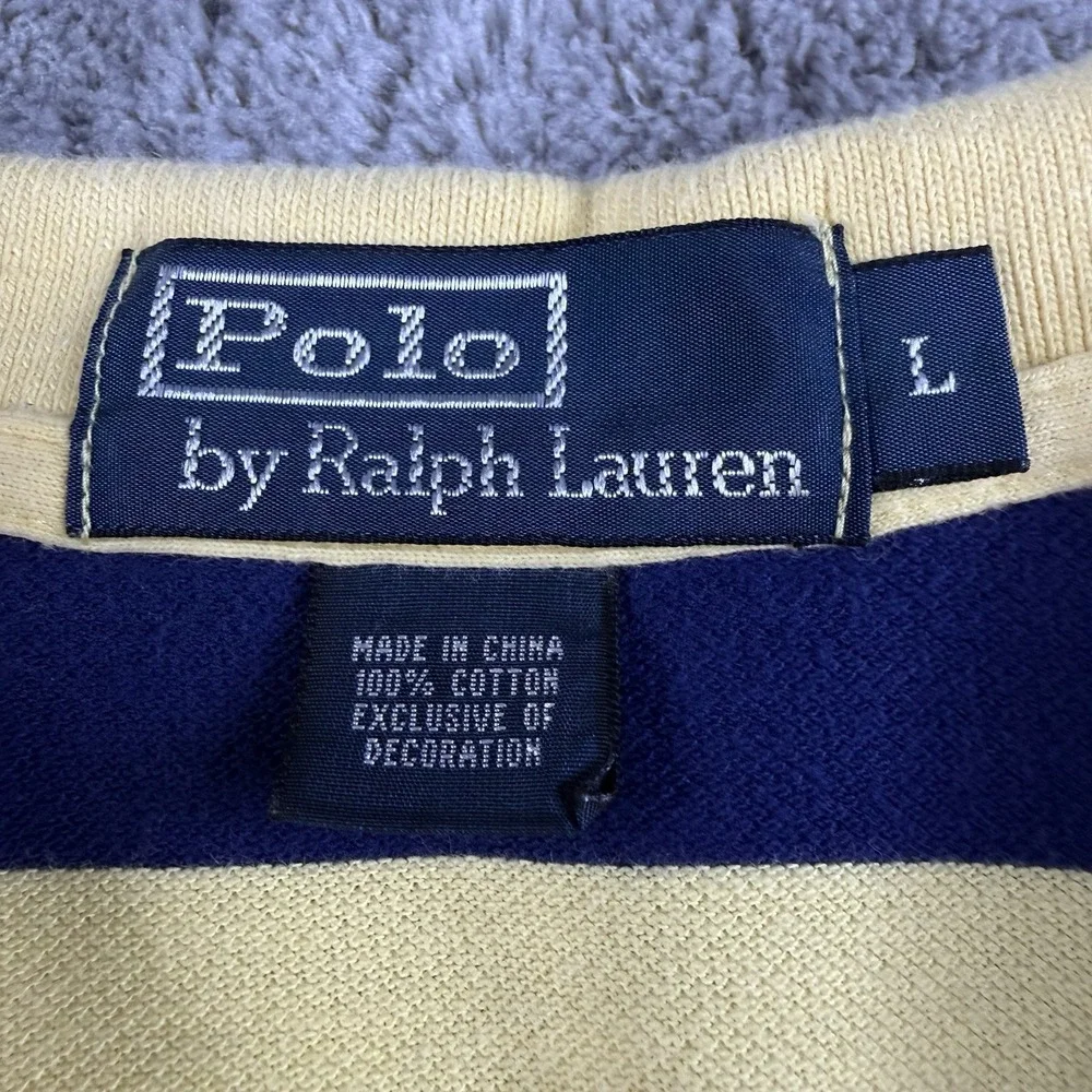 Polo Ralph Lauren Mens L Yellow Navy Stripe Pony 100% Cotton Rugby Polo Shirt